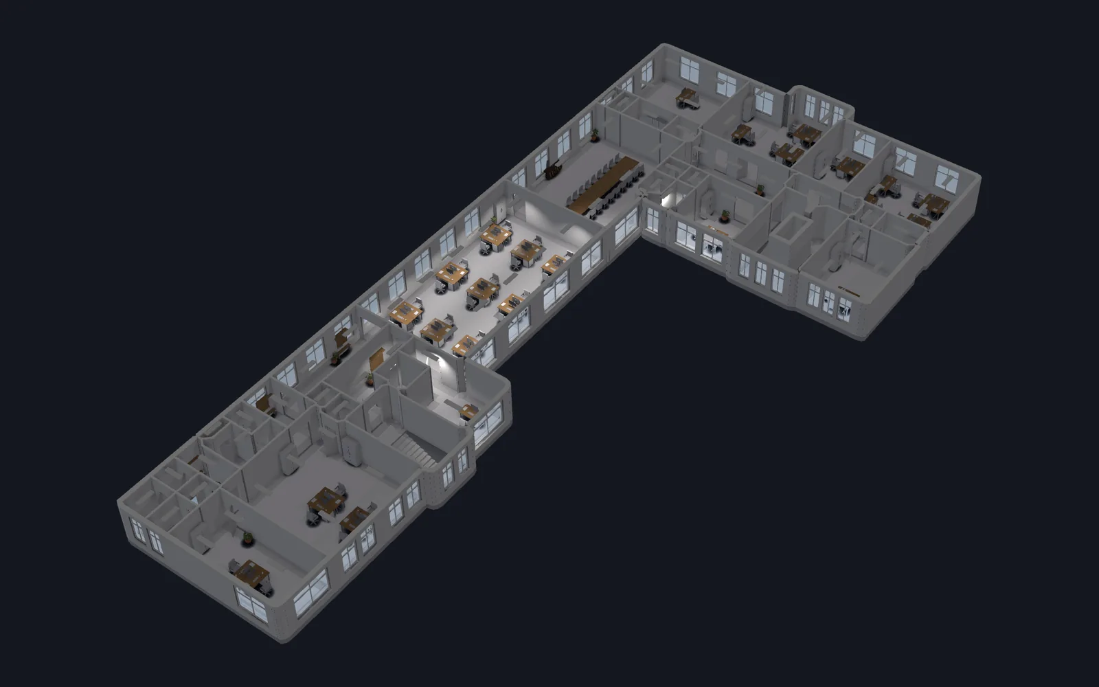 Möblierte Etage als Puppenhaus bei Nacht