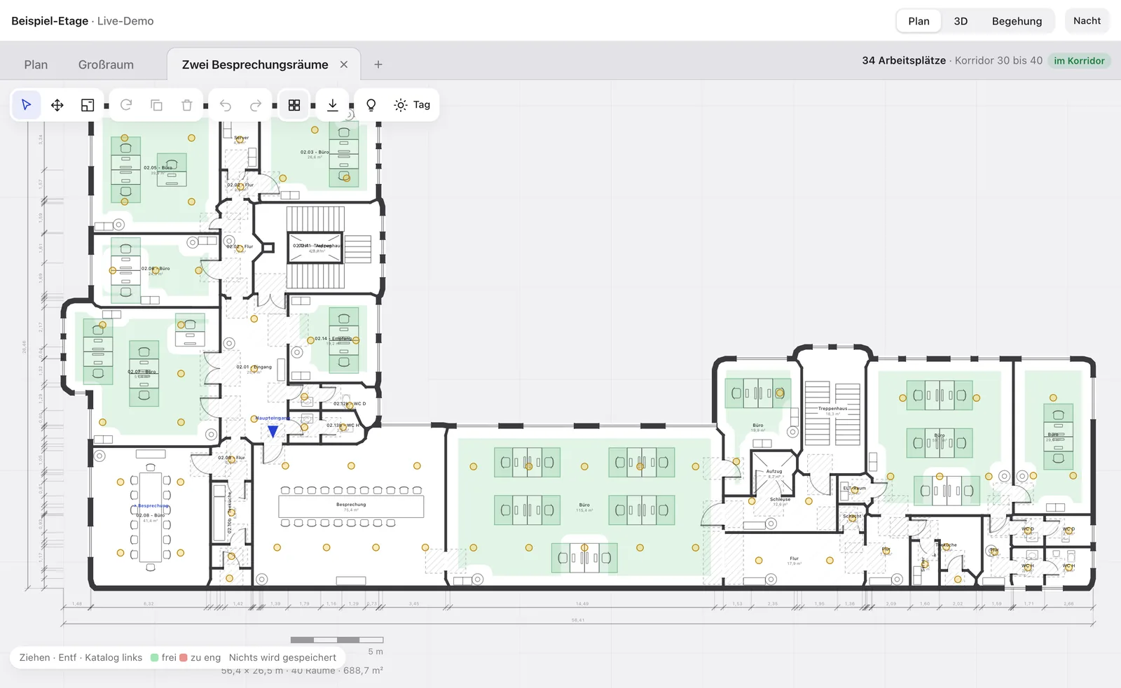 Plan mit den Varianten Plan, Großraum und Zwei Besprechungsräume als Tabs